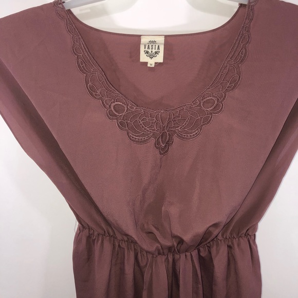 VASIA Anthropologie Mauve Peasant Mini Dress Embroidered Women’s Size M - Picture 4 of 9
